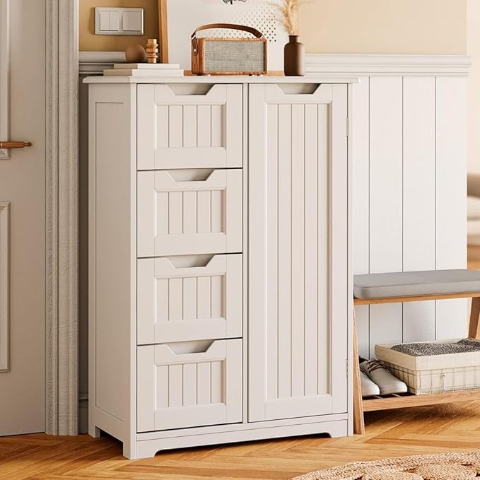 Gizoon Small Pantry Storage Cabinet with Door and Shelves, 33'' Kitchen Pantry Freestanding Wooden Bathroom Storage Cabinet with 4 Drawers for Kitchen and Dining Room, White, Painted