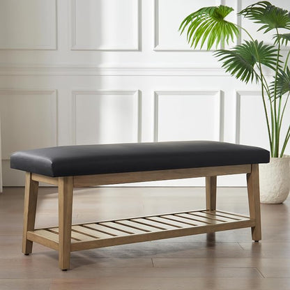 Zihanhome Entryway Bench, PU Leather Upholstered Shoe Benches for Bedroom, Ottoman Bench with Solid Wood Shelf, Storage Bench for Hallway, Living Room(Black)