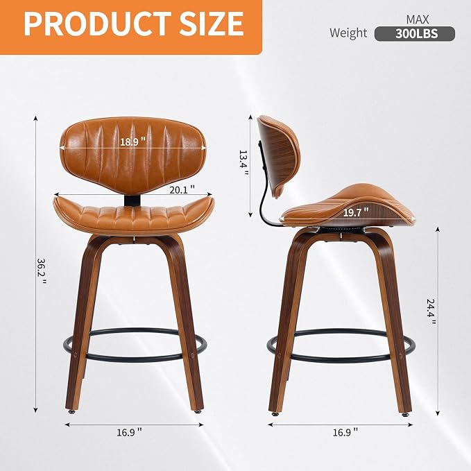 Swivel Bar Stools Set of 2, 24 inch PU Leather Wooden Bentwood Barstools Counter Height Modern Breakfast Bar Chairs with Backrest and Footrest for Kitchen Island, Dining Room D035-Brown-2