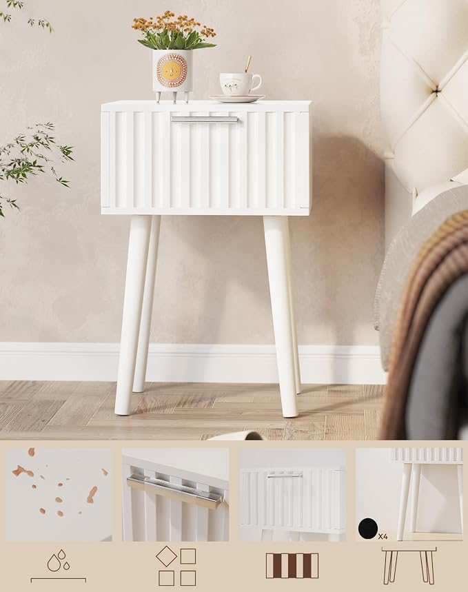YMYNY Fluted Nightstand Set of 2, Small End Table, Modern Coffee Table with Drawer, Solid Wood Legs, Retaining Chain, 13.8" x 10.6" x 20.9", for Bedroom and Small Spaces, White UHST014W-2