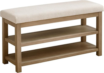 Zihanhome 2 Tier Shoe Rack Bench with Cushion, Solid Wood Shoe Benches, Mid-Century Modern Shoe Storage Bench for Entryway, Hallway, Living Room, Closet, Front Door Entrance, (Beige, 39.4")