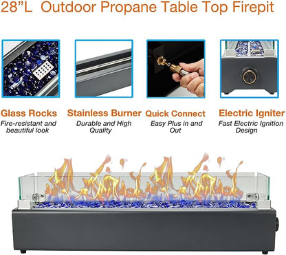 28-inch Table Top Propane Fire Pit, 40,000 BTU Tabletop Firepit for Patio, Outdoor Portable Rectangular Fire Bowl w/Wind Glass Shield, Glass Rocks - Carbon Gray