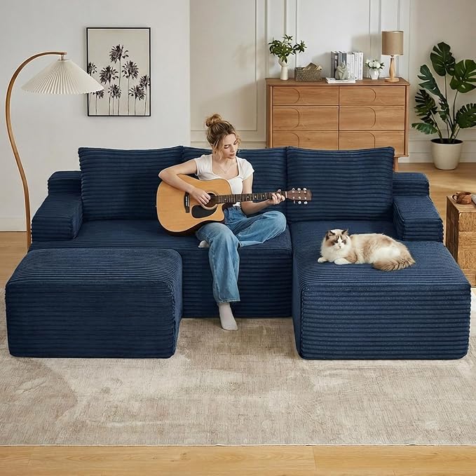 96" Cloud Sectional Couch U-Shaped Chaise with Ottoman, Corduroy Boneless Couch for Living Room Bedroom, Deep-Seat Upholstered Modular Cloud Sofa, No Assembly Required (Blue, Right Facing Chaise)