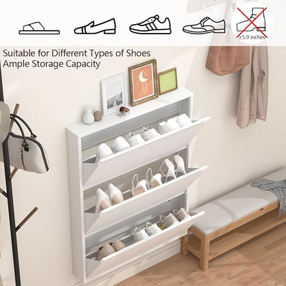 GREATMEET Shoe Rack for Closet, Slim Wall Mounted Metal Cabinet with 3 Flip Drawers, Steel Hidden Shoe Cabinet Storage for Entryway, Modern Narrow Shoe Organizer Cabinet for Mudroom, Hallway, White