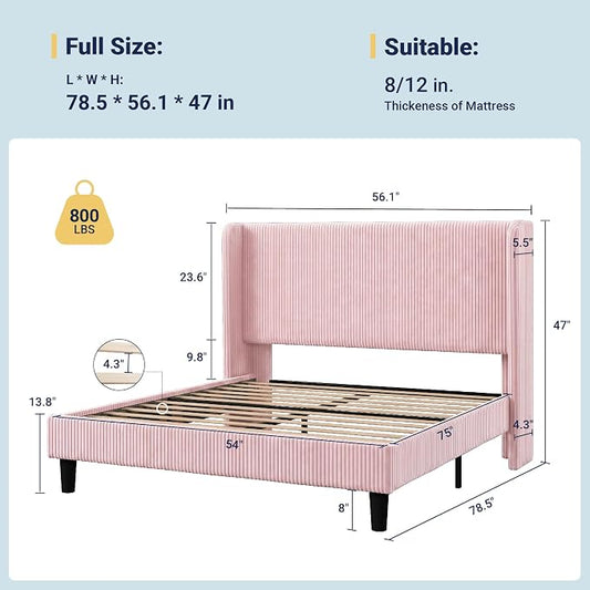 Allewie Full Size Bed Frame with Upholstered Wingback Headboard, Vertical Channel Tufted Corduroy Velvet Platform Bed, Strong Wooden Slats Support, No Box Spring Needed, Easy Assembly, Light Pink