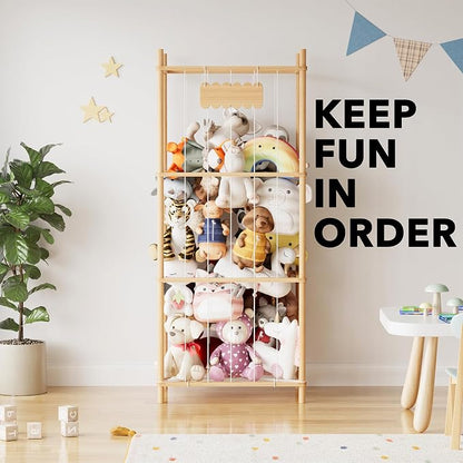 SpaceAid Stuffed Animal Storage Organizer, Wood Animals Zoo Toy Plushies Storage Holder, Large Capacity Plush Toy Cage for Playroom Organization, 22.8" Wide, Natural
