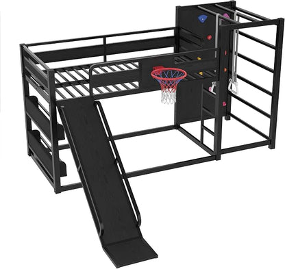 Bellemave Twin Size Bunk Bed with Basketball Hoop, Pull-up Rings and Climbing Wall, Twin Bunk Bed with Slide and Bookcase, Heavy Duty Bunk Beds with Guardrail, Black