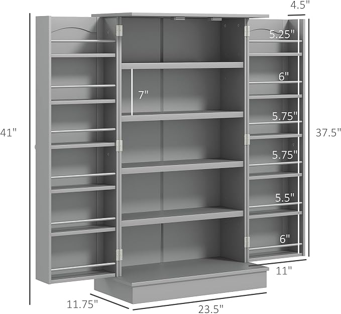 HOMCOM 41" Kitchen Pantry Storage Cabinet, Freestanding Kitchen Cabinet with 12 Door Shelves, Double Doors, 5-Tier Shelving and Adjustable Shelves, Gray