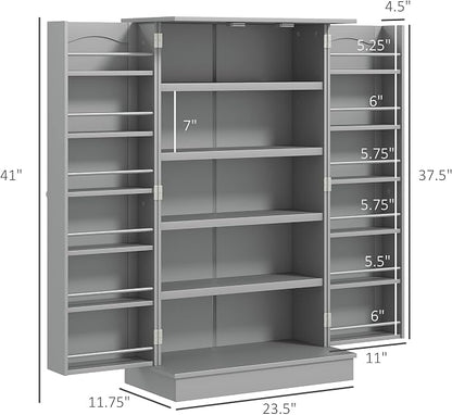 HOMCOM 41" Kitchen Pantry Storage Cabinet, Freestanding Kitchen Cabinet with 12 Door Shelves, Double Doors, 5-Tier Shelving and Adjustable Shelves, Gray