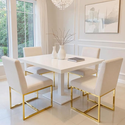 HNY Modern Dining Chairs Set of 2, Upholstered Linen Dining Room Chairs with Ergonomic Back & Polished Gold Metal Frame for Home, Kitchen, Apartment, Cream