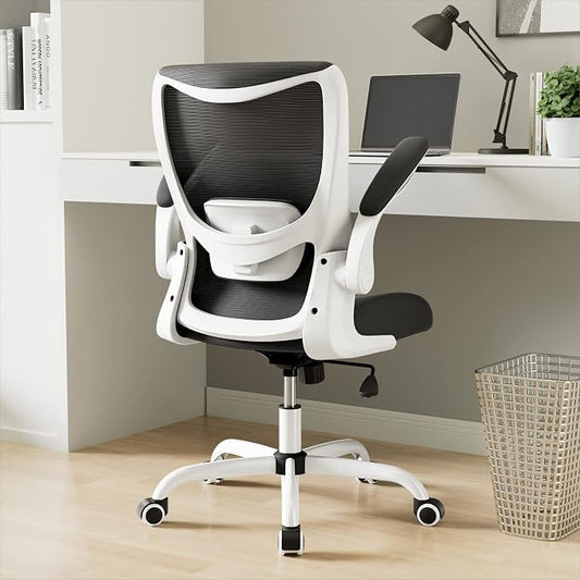 MUXX.STIL Office Chair, Ergonomic Desk Chair with Adjustable Lumbar Support and Flip up Armrest, Breathable Mesh Computer Chair for Home Office, White