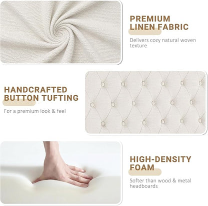 Queen Headboard Only, Linen Classic Tufted Design, Ivory | 2 installation options: 1.bed frame mount 2.wall mount (for adjustable bed), Classic hand-tufted headboard king size
