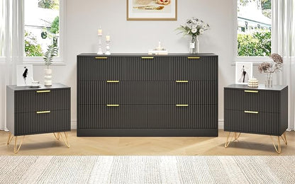 7 Drawer Dresser and Nightstand Sets, 3 Pcs Bedroom Set for Bedroom, Fluted Night Stand Set of 2 & 55" Wide Dresser w/Gold Handles, Modern Wood Chest of Drawers Storage Cabinet Set, Black