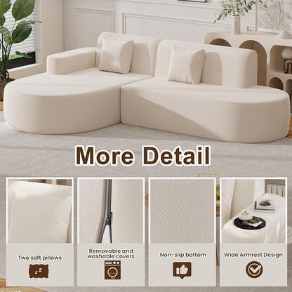MELLCOM Modern Curved Boneless Sofa Couch, L-Shaped Corner Sofa, No Assembly Needed, Chenille Upholstered Cloud Sectional Couch for Living Room, Bedroom and Apartment (Beige, Left Hand Facing)