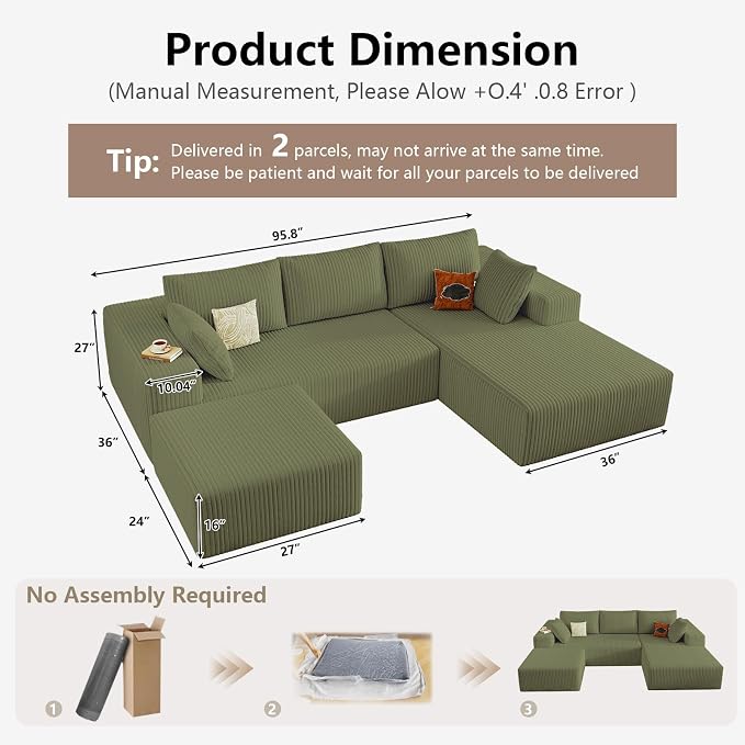 95" Cloud Sectional Couch U-Shaped Chaise with Ottoman, Corduroy Boneless Couch for Living Room Bedroom, Deep-Seat Upholstered Modular Cloud Sofa, No Assembly Required (Green, Right Facing Chaise)