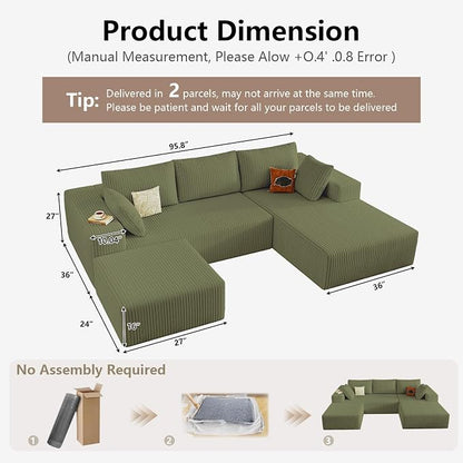 95" Cloud Sectional Couch U-Shaped Chaise with Ottoman, Corduroy Boneless Couch for Living Room Bedroom, Deep-Seat Upholstered Modular Cloud Sofa, No Assembly Required (Green, Right Facing Chaise)