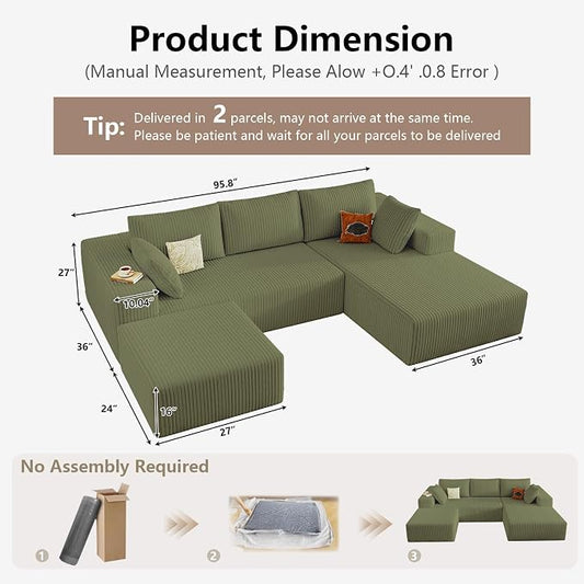 95" Cloud Sectional Couch U-Shaped Chaise with Ottoman, Corduroy Boneless Couch for Living Room Bedroom, Deep-Seat Upholstered Modular Cloud Sofa, No Assembly Required (Green, Right Facing Chaise)