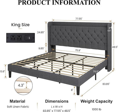 SHA CERLIN King Size Platform Bed Frame with Charging Station, Linen Wingback Headboard with Storage Shelf, Wooden Slats Support, Ample Under-Bed Space, No Box Spring Needed, Easy Assembly, Dark Grey