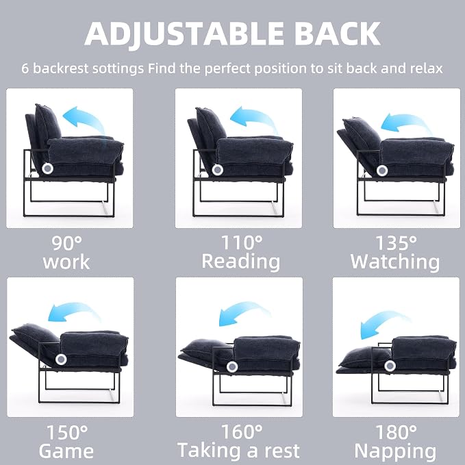 YISHENG Accent Chair with 6-Angle Adjustable Backrest, Fabric Living Room Chair Upholstered Lounge Chair, Modern Chair Cozy Reclining Chair for Reading Room, 1PC Dark Blue