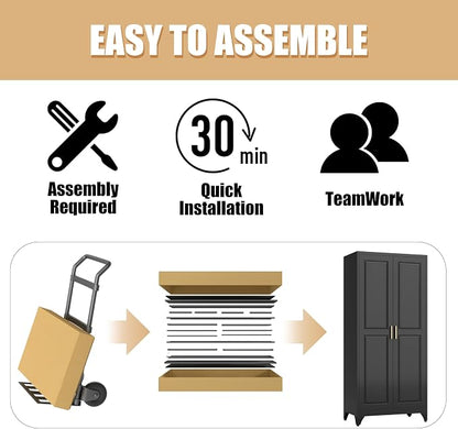 Armoire Wardrobe Closet with Hanging Rod, 71" Tall Metal Clothes Storage Cabinet with Doors and Adjustable Shelves, Black Wardrobe Cabinet, Steel Closet for Bedroom, Bathroom, Office, School