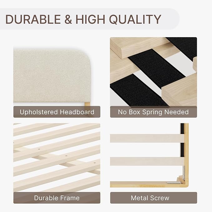 KISLOT Wood Bed Frame with USB & Type-C Charging, Boucle Platform Bed with Upholstered Headboard Mattress Foundation No Box Spring Needed Easy Assembly