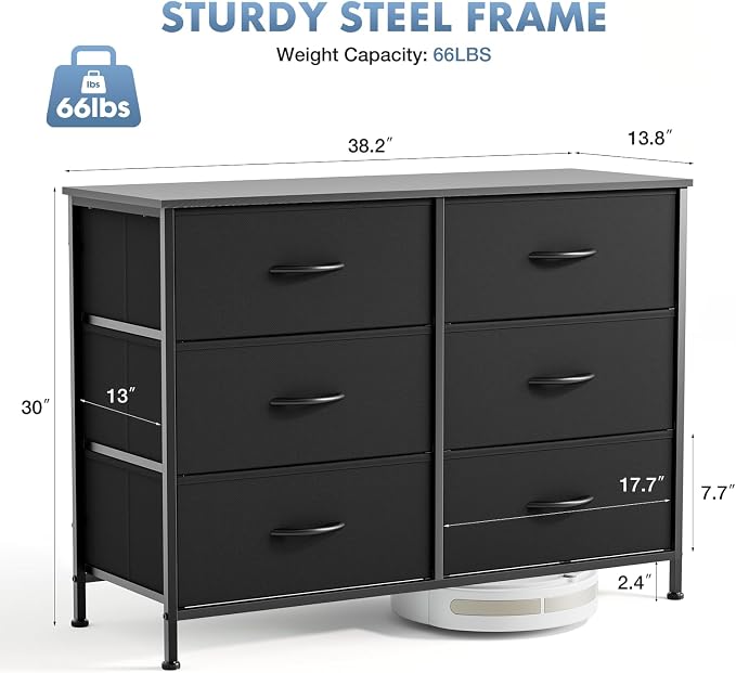 DUMOS 6 Drawer Dresser for Bedroom, Wide Storage Chest of Drawers Cabinet | Fabric Storage Organizer with Wooden Top, TV Stand for 43-50 Inch TV in Closet, Living Room, Black