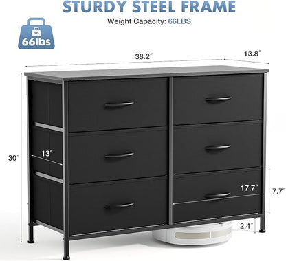 DUMOS 6 Drawer Dresser for Bedroom, Wide Storage Chest of Drawers Cabinet | Fabric Storage Organizer with Wooden Top, TV Stand for 43-50 Inch TV in Closet, Living Room, Black