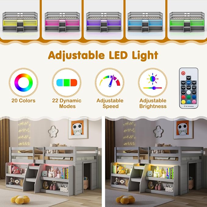 Giantex Twin Loft Bed with LED Lights, Wooden Loft Bed Twin Size with Stairs & Safety Guardrail, Low Loft Bed for Kids with Storage Bookcase and Under-Bed Play Space, Grey