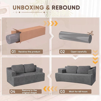 Homall 67” Boneless Sofa Couch with 2 Pillows Extra Deep Seats, Corduroy Fabric 3 Seater with Cup Holder & Storage Pocket Upholstered Floor Easy Installation (Grey, Loveseat)