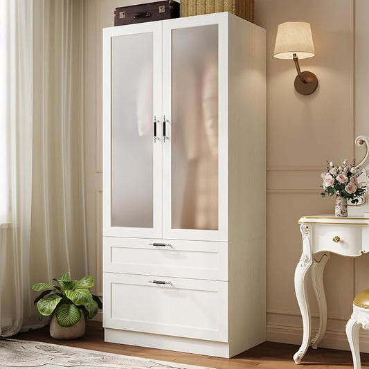 MEISSALIVVE 2 Door Wardrobe Cabinet with Hanging Rod & 2 Drawers, 70.9''H Armoire Wardrobe Closet with Frosted Glass, Wardrobe Clothes Storage Closet Cabinet for Bedroom, Wood Grain