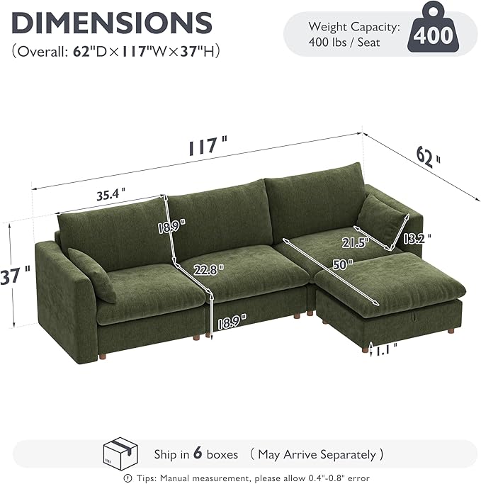 Ihanherry 117" Oversized Modular Sectional Sofa, Modern L Shaped Cloud Couch with Storage Ottoman, 4-Seat Comfy Chenille Deep Seat Sofa with 2 Pillows for Living Room, Green