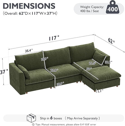 Ihanherry 117" Oversized Modular Sectional Sofa, Modern L Shaped Cloud Couch with Storage Ottoman, 4-Seat Comfy Chenille Deep Seat Sofa with 2 Pillows for Living Room, Green