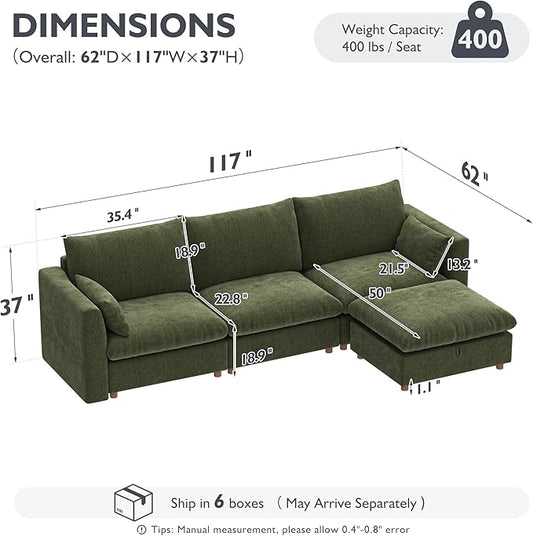 Ihanherry 117" Oversized Modular Sectional Sofa, Modern L Shaped Cloud Couch with Storage Ottoman, 4-Seat Comfy Chenille Deep Seat Sofa with 2 Pillows for Living Room, Green