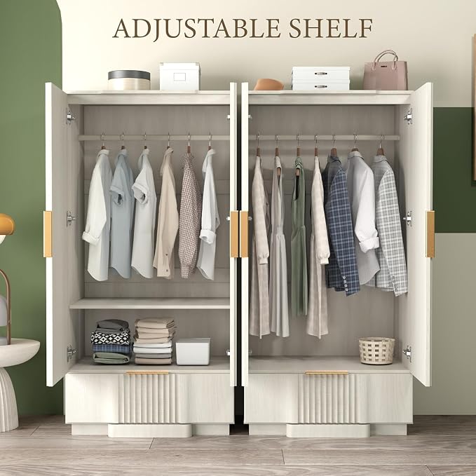 Brafab 67" Fluted Armoire Wardrobe Closet with Drawers and Doors, Wooden Wardrobe Cabinet with Adjustable Shelves, Modern Storage for Clothes, Coats for Bedroom,White Oak (1 pcs)