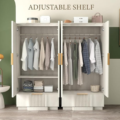 Brafab 67" Fluted Armoire Wardrobe Closet with Drawers and Doors, Wooden Wardrobe Cabinet with Adjustable Shelves, Modern Storage for Clothes, Coats for Bedroom,White Oak (1 pcs)