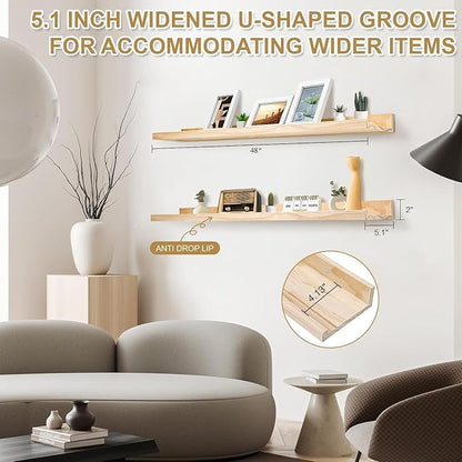 MBYD 48 Inch Natural Pine Wood Floating Shelves, 5.1 Inch Wide Picture Ledge Set of 2, Wall Mount Unfinished Can be Stained Nursery Book Shelves for Kids Bedroom Living Room Bathroom Kitchen