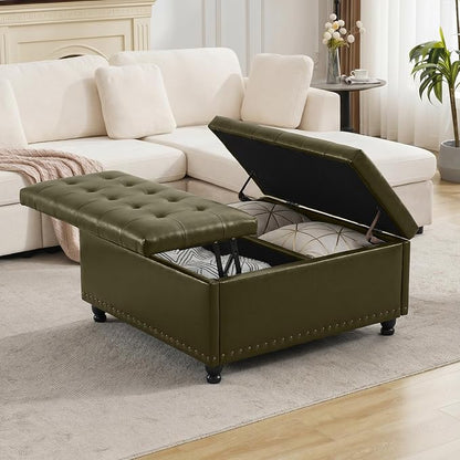 Tbfit Large Square Storage Ottoman Bench, Tufted Upholstered Coffee Table Ottoman with Lift Top & Wooden Legs, Oversized Storage Ottomans Toy Box for Living Room (Green PU)