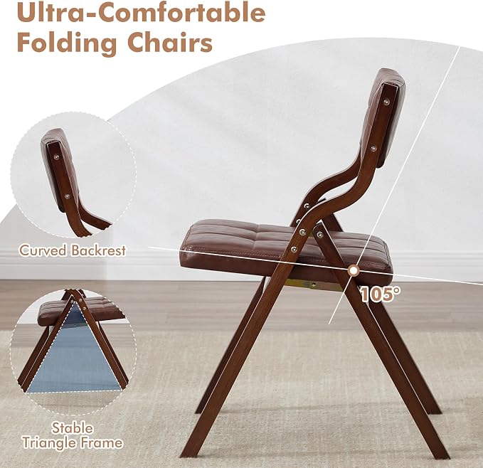 6-Pack Folding Dining Chairs with Cushion,Faux Leather Padded Foldable Dining Chairs,Portable Wooden Folding Chairs for Dining Rooms Kitchen Wedding and Party Indoor Brown