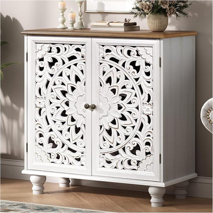 JOINICE White Accent Cabinet with Walnut Finish Top, 31" Farmhouse Storage Cabinet with Carved Doors for Living Room, Sideboard Buffet for Dining Room, Solid Wood Legs