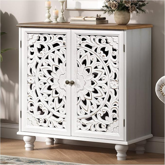 JOINICE White Accent Cabinet with Walnut Finish Top, 31" Farmhouse Storage Cabinet with Carved Doors for Living Room, Sideboard Buffet for Dining Room, Solid Wood Legs