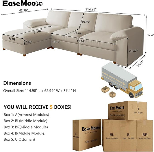 EASE MOOSE Oversized Modular Sectional Sofa,Leather Sectional Couch with Wide Deep Seat,Scratch Resistant Faux Leather Material,L Shaped Sofa for Big Spaces,Beige