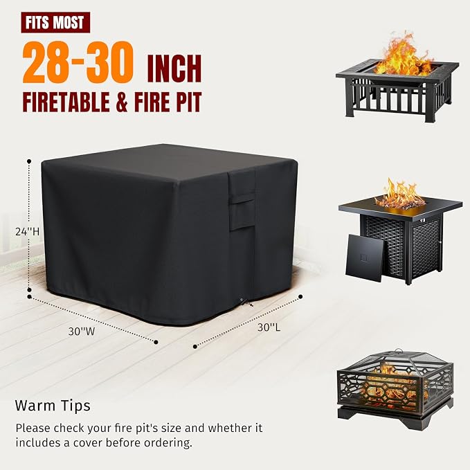 SHINESTAR Fire Pit Cover Square, Fits for 28-30 Inch Fire Pit Table, 600D Heavy Duty Fabric, Waterproof and Windproof, 30 x 30 x 24 Inches, Black