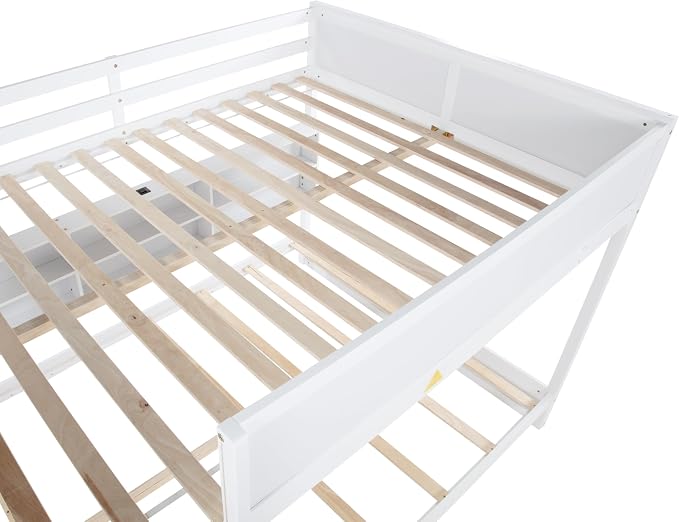 RUNNA Queen Over Queen Bunk Bed with Storage,Charging Station,White | Queen over queen bunk bed with storage cabinets,USB,solid wood frame,guardrails,no box spring needed,space saving, white
