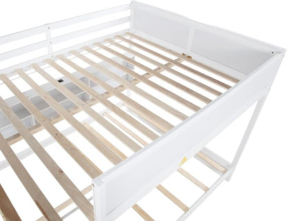 RUNNA Queen Over Queen Bunk Bed with Storage,Charging Station,White | Queen over queen bunk bed with storage cabinets,USB,solid wood frame,guardrails,no box spring needed,space saving, white