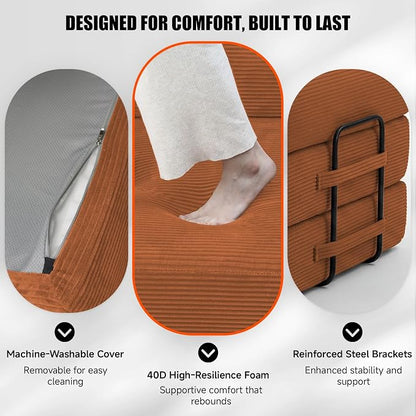 79" Convertible Sleeper Sofa Bed, Corduroy Boneless Fold-Out Couch in a Box, 4-in-1 Loveseat/Futon Couch, High-Density Foam, No Assembly, Side Pockets, 2 Pillows for Small Spaces, Orange
