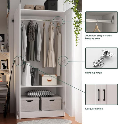 Fddevelop Fenghua Lizhi Wood White Wardrobe Closet with 2 Doors，Bedroom Freestanding Armoire Storage Cabinet with Shelves，Wooden Wardrobe Combination for Hanging Clothes