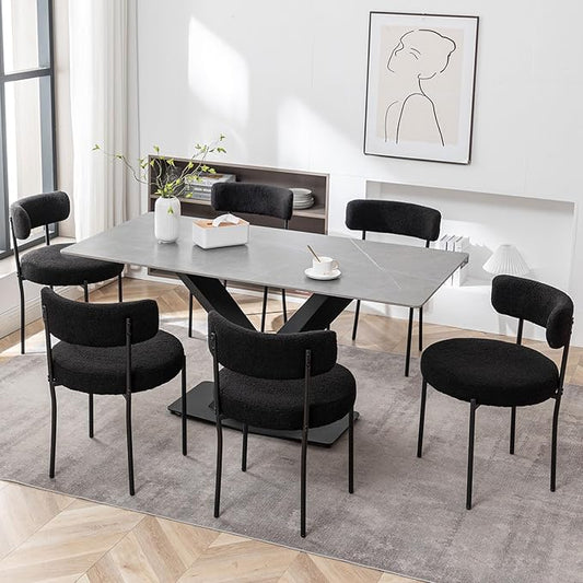 Cinxzar Black Boucle Dining Chairs Set of 6, Upholstered Dining Room Chairs with Black Metal Legs, Round Modern Dining Chair for Dining Room, Kitchen