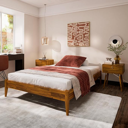 Bme Dinkee 15 Inch Signature Bed Frame Without Headboard - Modern & Minimalist Style with Acacia Wood - 12 Strong Wood Slat Support - Easy Assembly - No Box Spring Needed - Caramel, Full