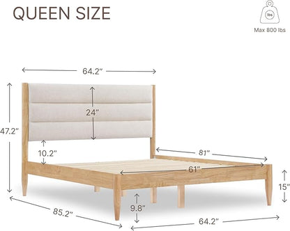 KISLOT Wood Bed Frame with Headboard Upholstered Platform Mattress Foundation,Strong Wooden Slat Support,No Box Spring Needed