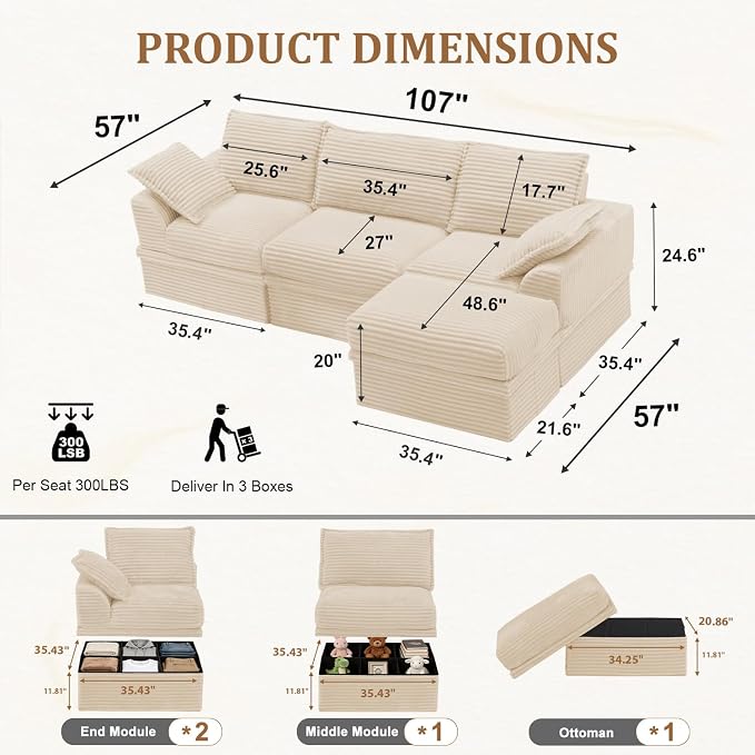 Upgrade Boneless Couch with Storage, Extra Deep&High Seat Modular Sectional Sofa 3 Seater L Shaped Cloud Couch with Ottoman, Tool-Free Assembly Sectional Couches for Living Room, Beige